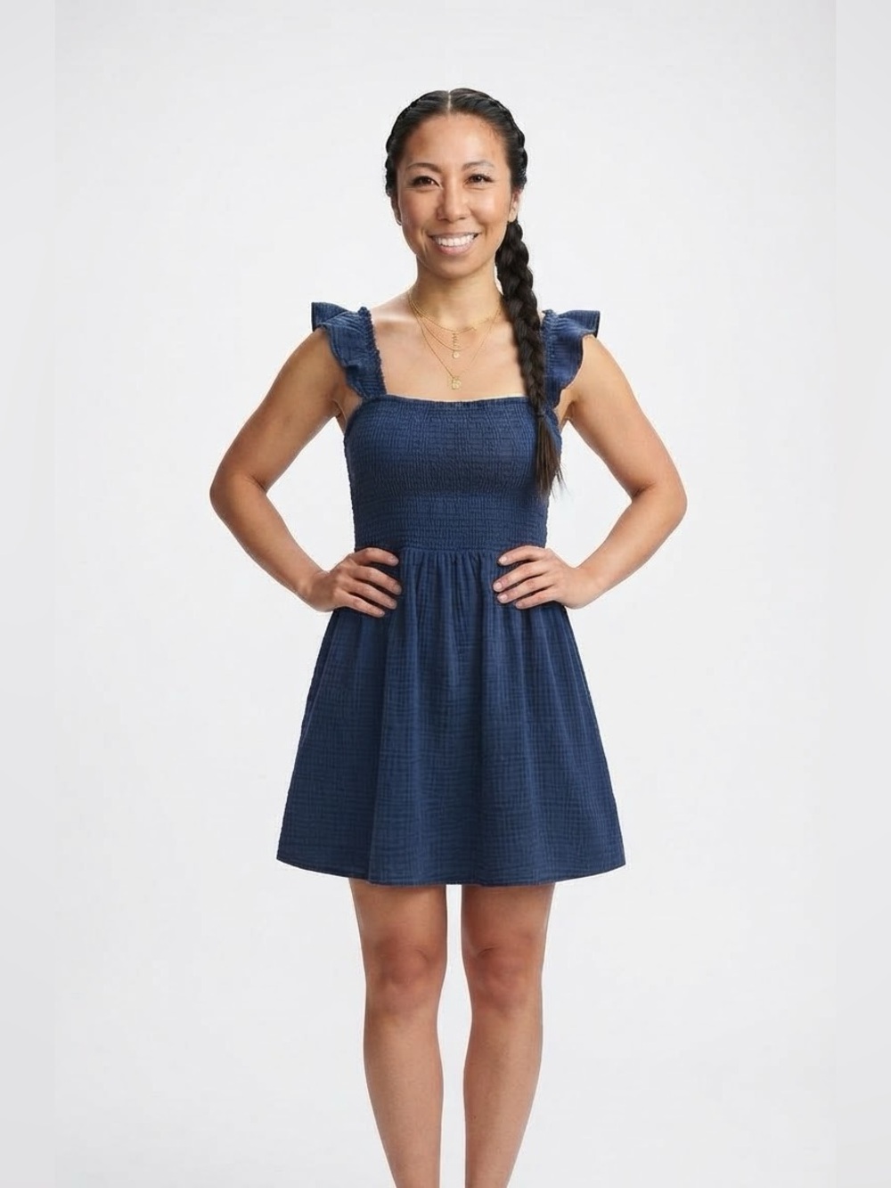 DD77 Blue Smocked Ruffle Romper Dress with Built-in Shorts Size M